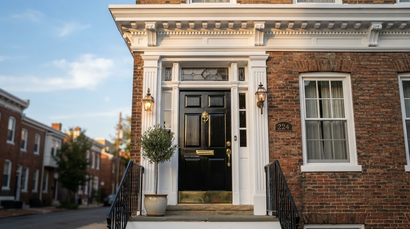Close-up of a historic Philadelphia rowhome facade with freshly painted black door and restored trim