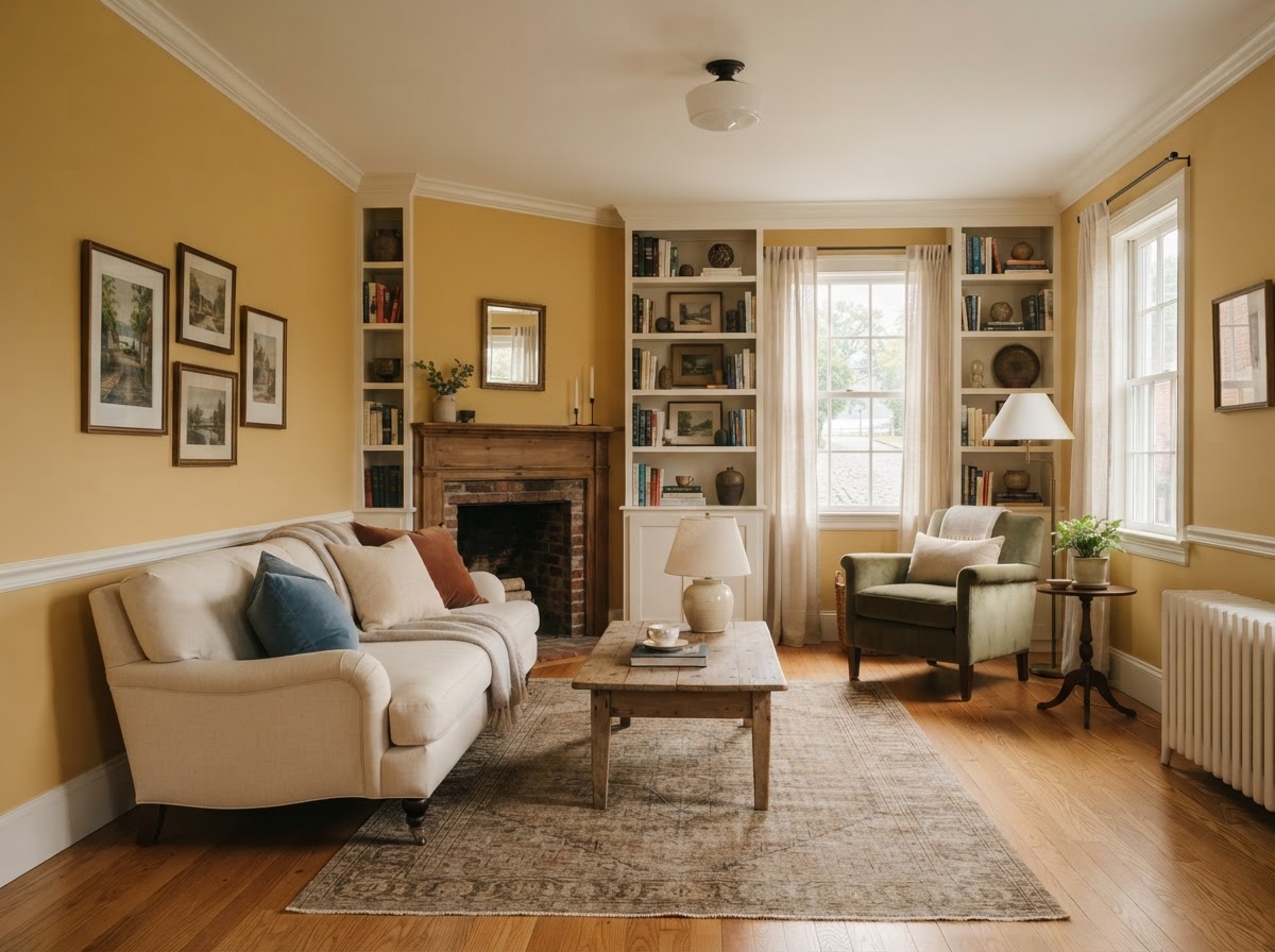 Bucks County river town home interior with warm yellow painted walls and white built-in bookshelves