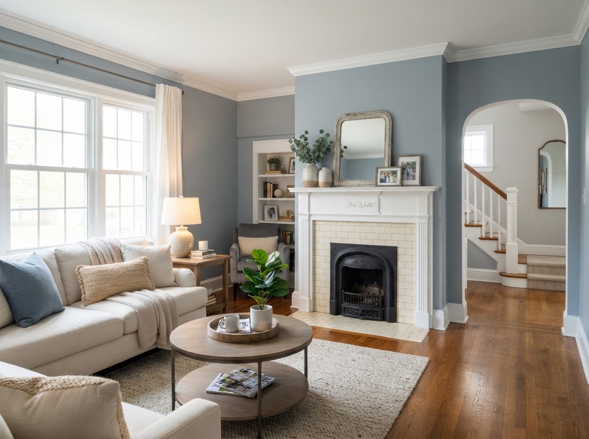Cozy Delaware County living room with blue-gray painted walls and white trim