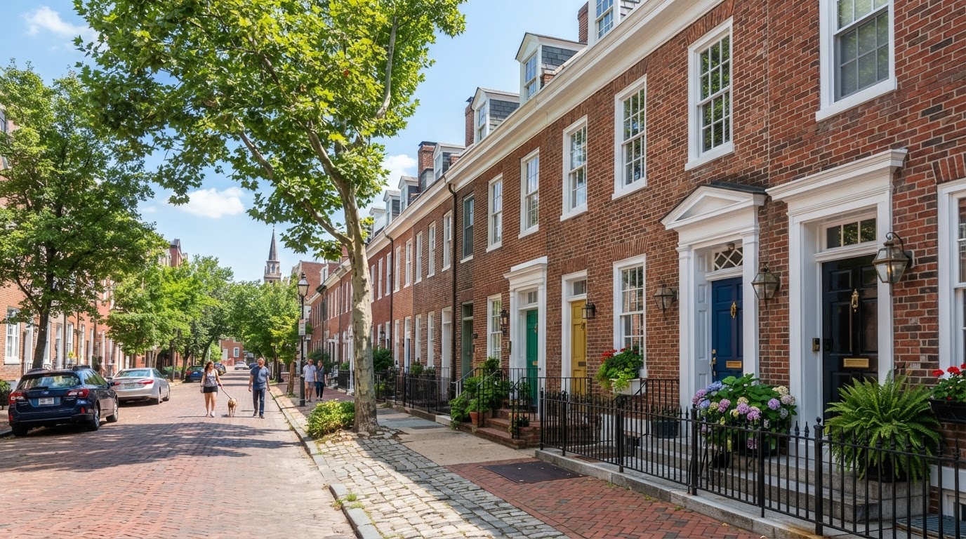 Historic Philadelphia brick rowhome with classic black trim and front entrance