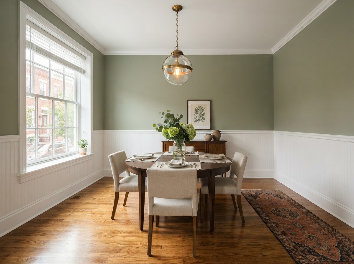 Freshly painted Philadelphia rowhome dining room with sage green walls and crisp white wainscoting