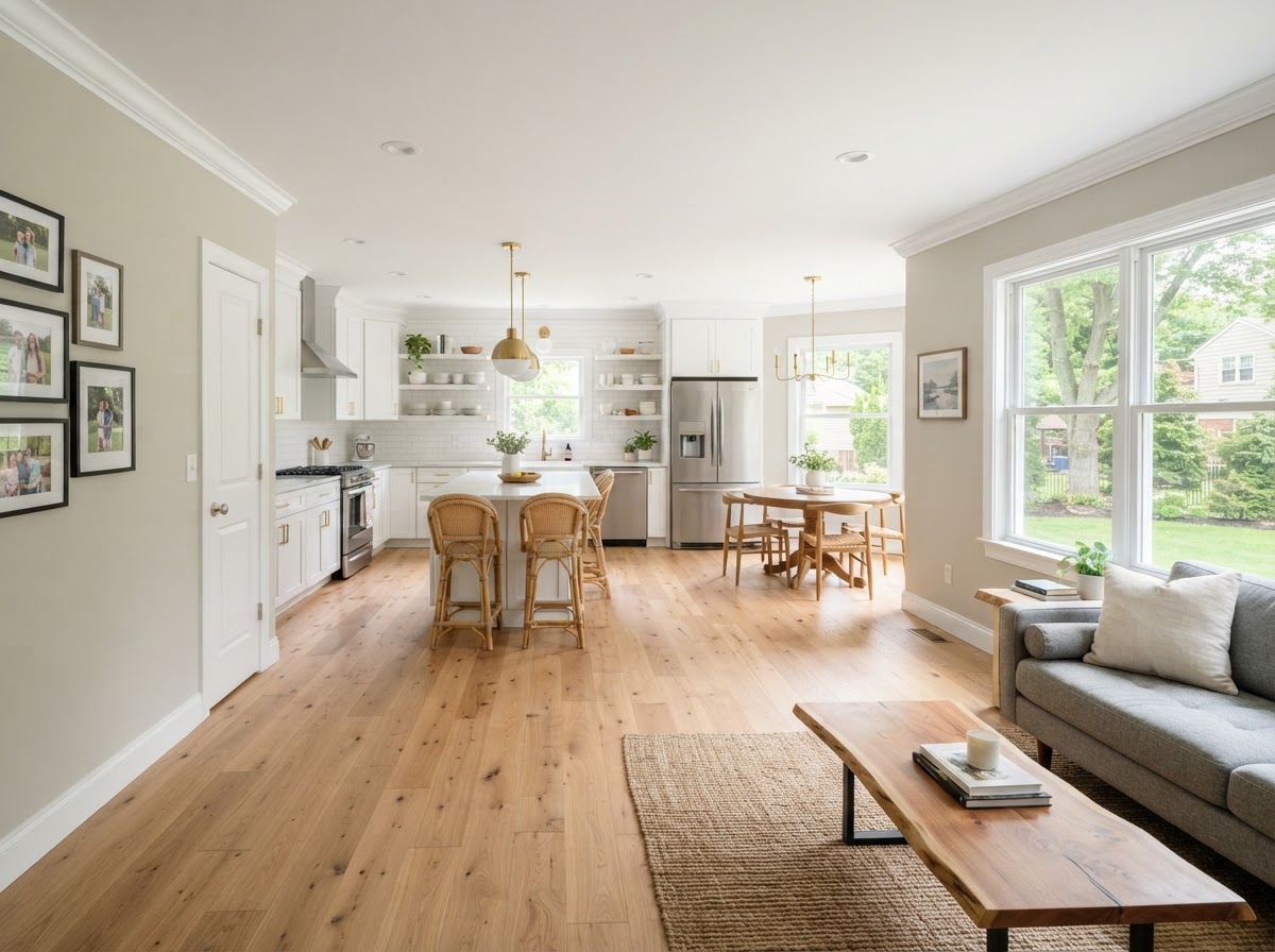 Burlington County home interior with warm greige painted walls, white trim, and painted kitchen cabinets