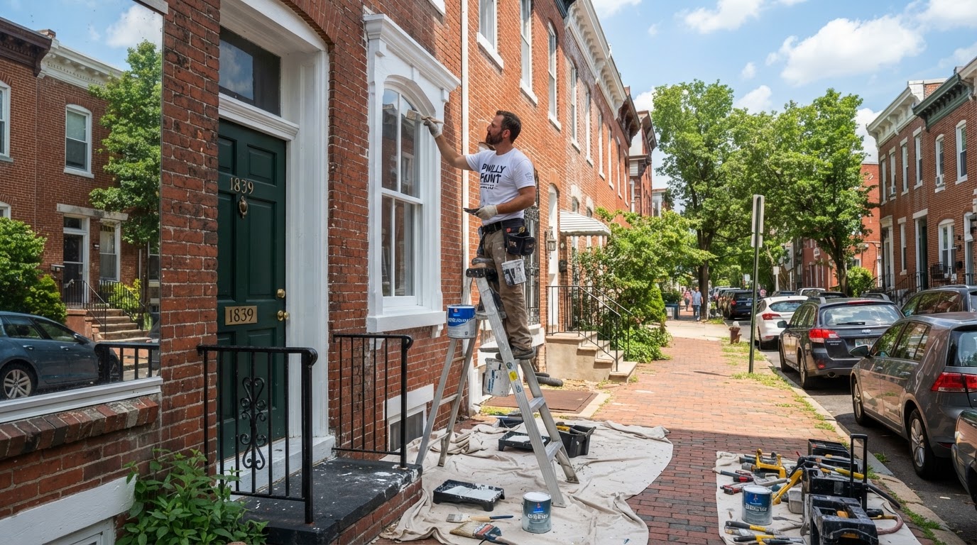 Professional painter applying fresh white trim to a Philadelphia brick rowhome exterior