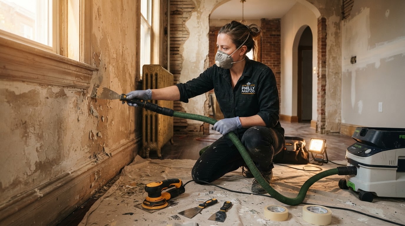 Painter performing surface preparation and old paint removal on a Philadelphia rowhome wall