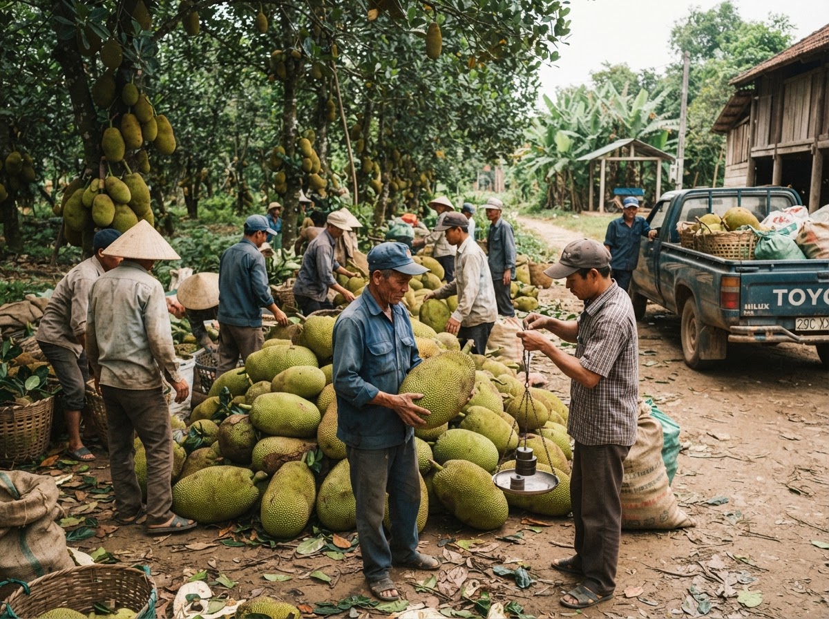 Thương lái kiểm tra mít tại vườn