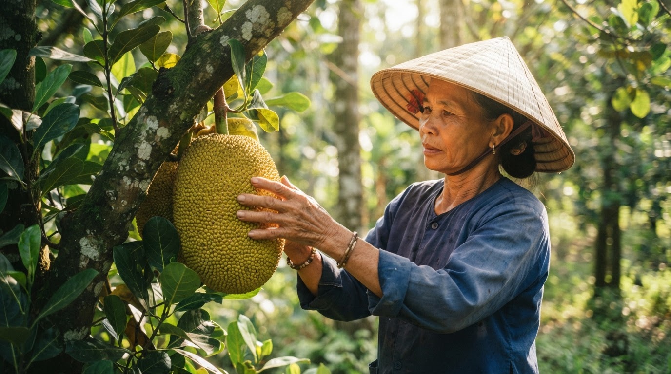Nông dân đội nón lá kiểm tra mít chín trên cây
