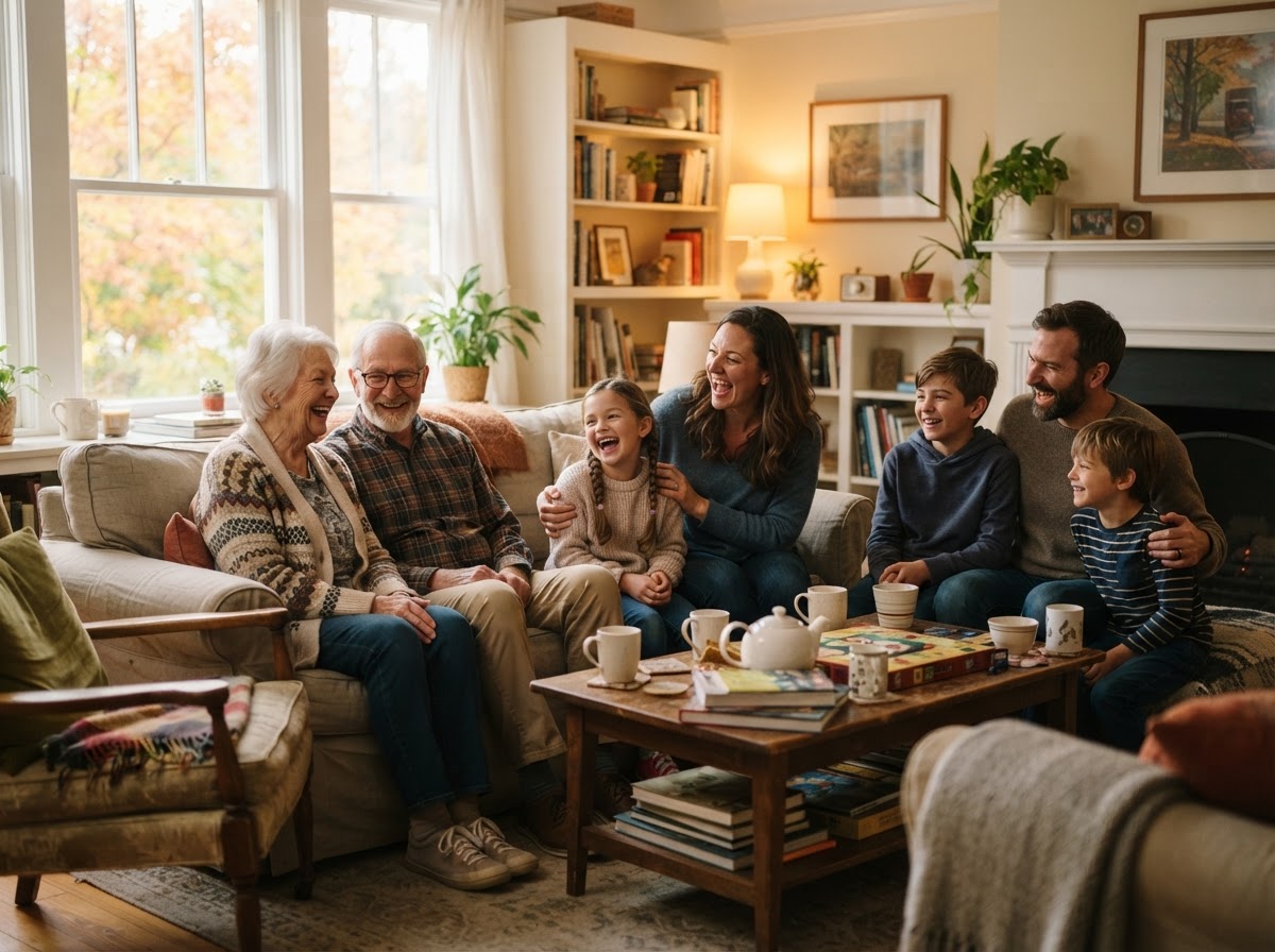A multigenerational family gathered together in a warm, sunlit living room sharing a joyful moment