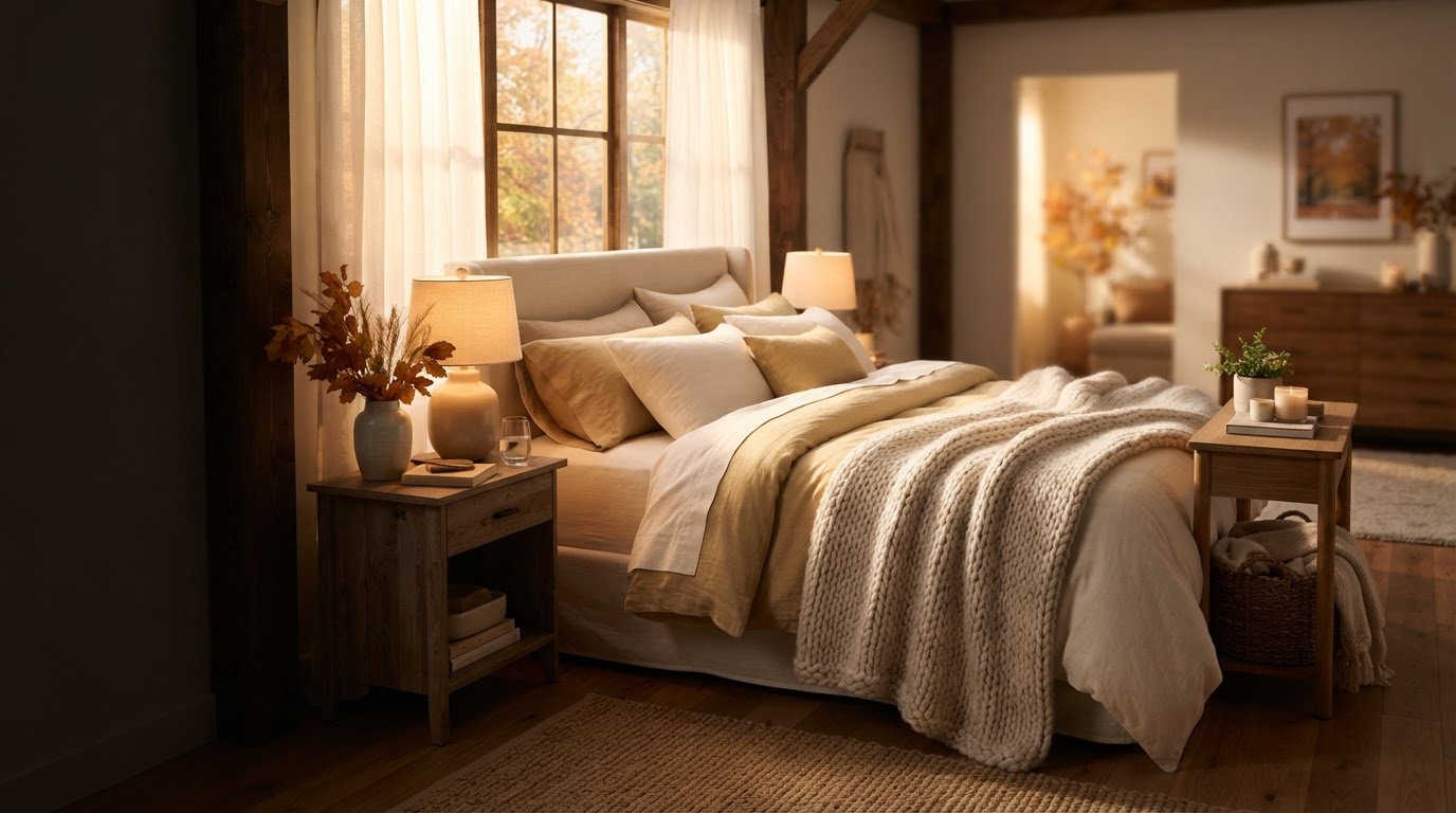 A warm, inviting bedroom bathed in soft golden morning light with premium neutral bedding