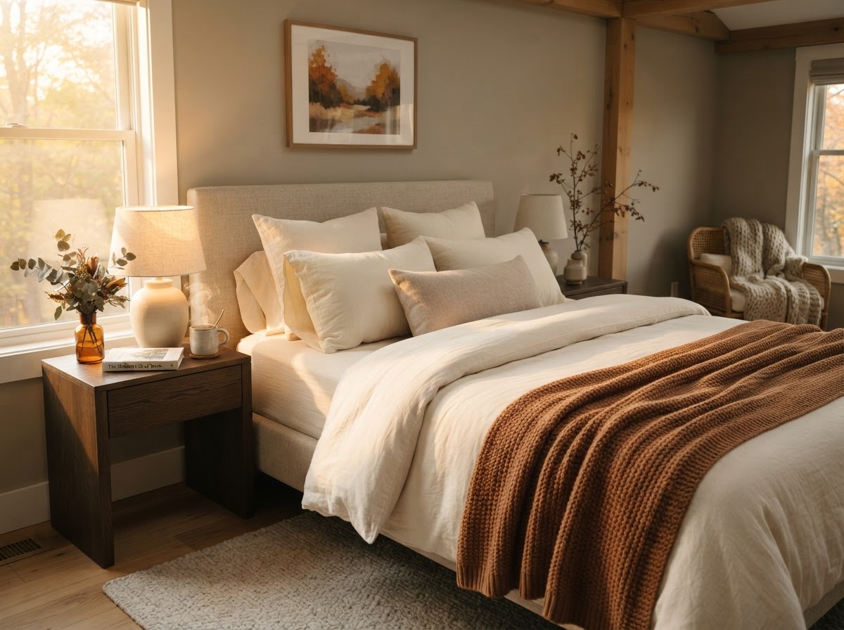 A beautiful, comfortable bedroom with premium neutral bedding bathed in soft warm morning light
