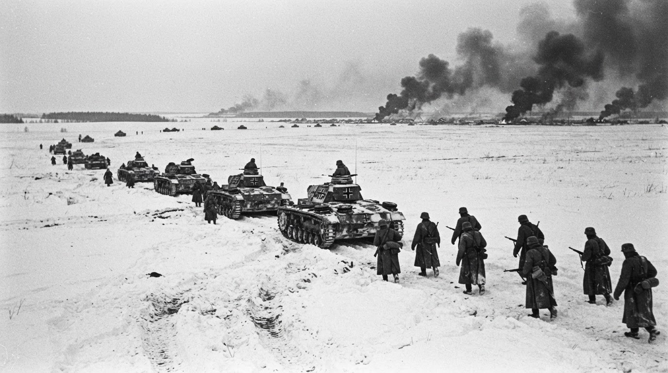 German tanks and infantry advancing across a vast snowy Russian steppe in 1941.