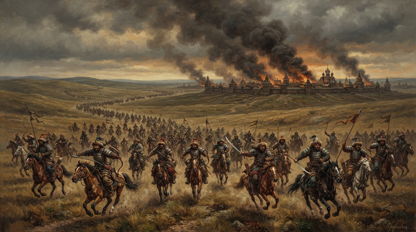 Mongol horsemen with bows and arrows crossing flat grasslands toward burning Slavic settlements.