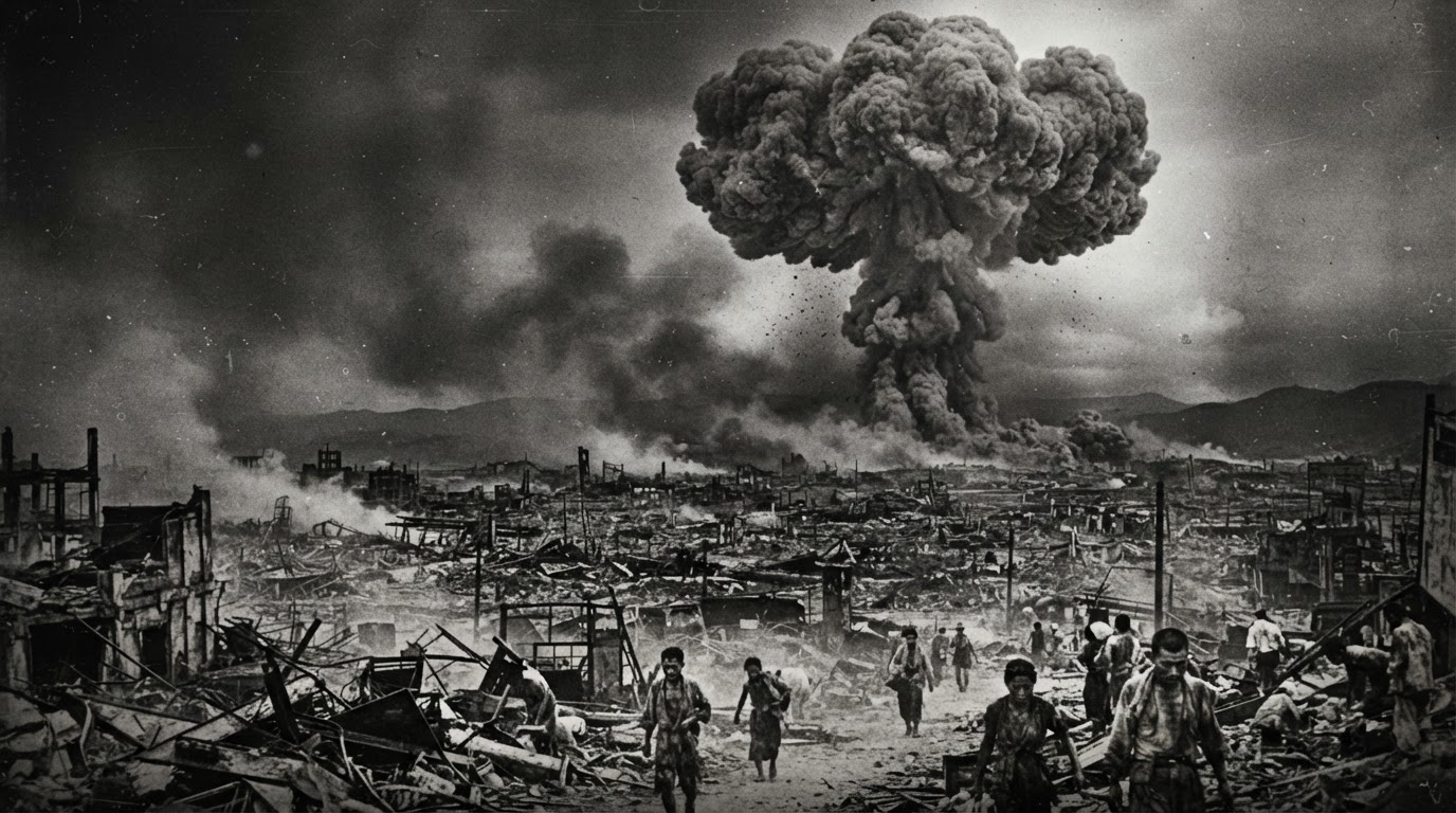 The atomic bomb mushroom cloud rising over Hiroshima, August 1945.