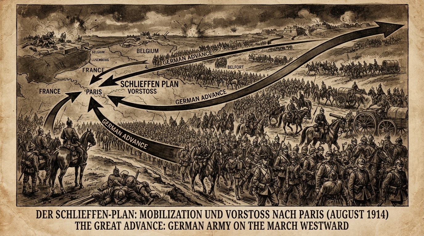 A historical illustration of World War I mobilization with cavalry and Schlieffen Plan map arrows overlaid in sepia tones.