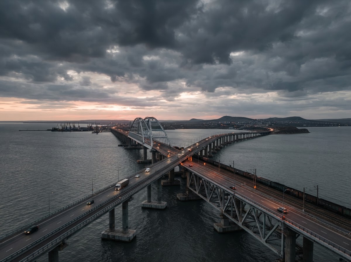 The Crimean Bridge spanning the Kerch Strait at dawn, a long road and rail bridge over calm grey water.