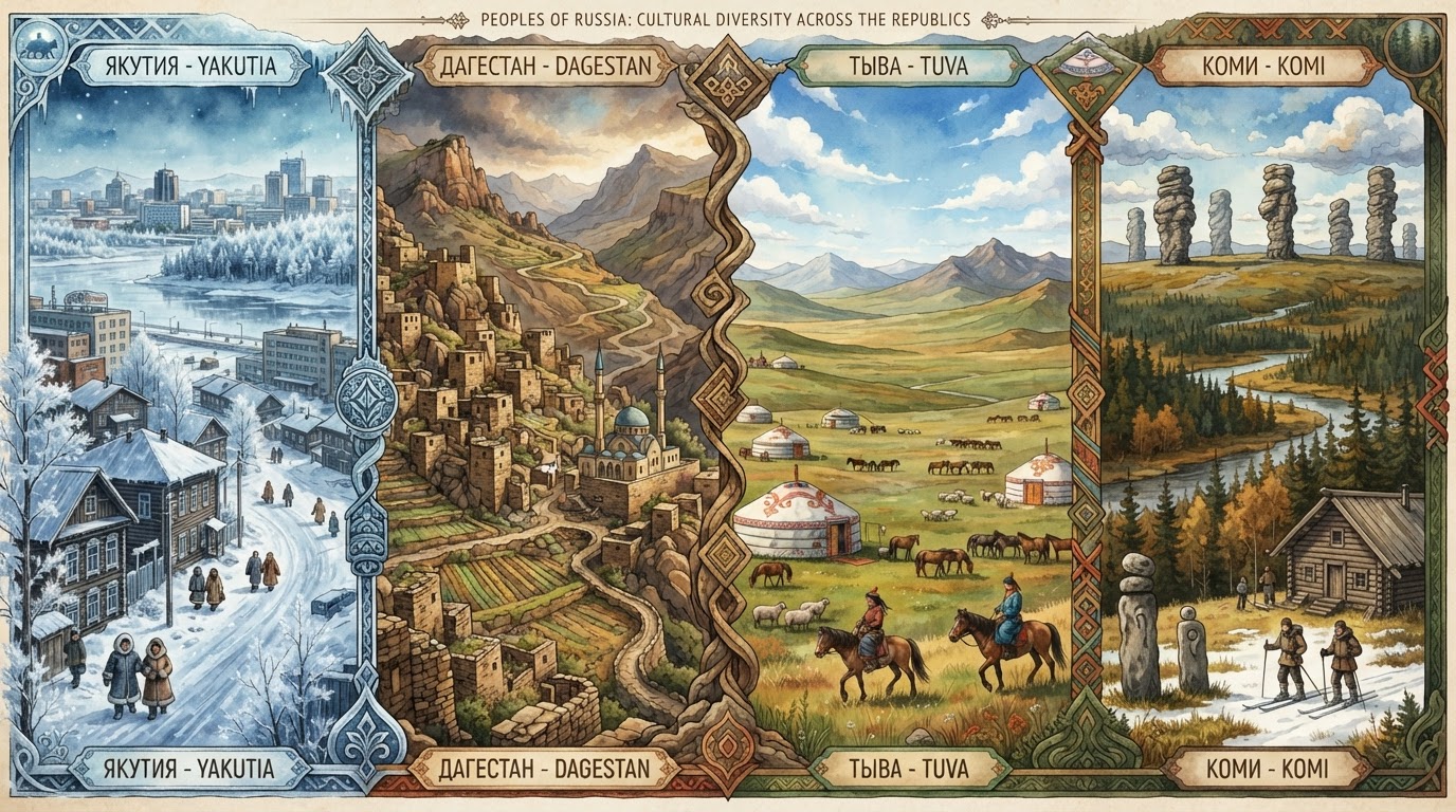 A collage of Russia's diverse republics: frozen Yakutsk, a Dagestani mountain mosque, Tuvan steppe dwellings, and Komi rock formations.