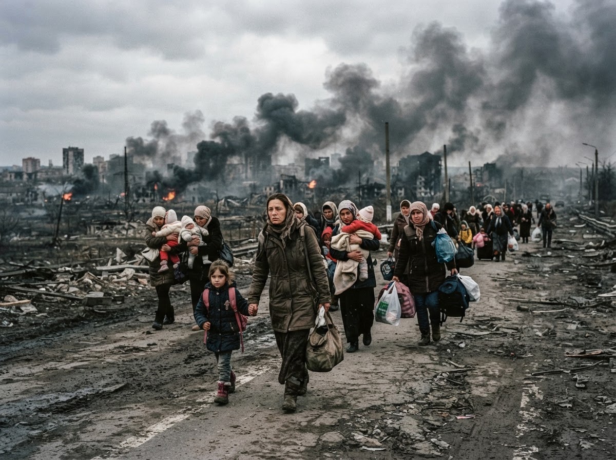Refugees, mostly women and children, walking with luggage away from a smoke-filled city.