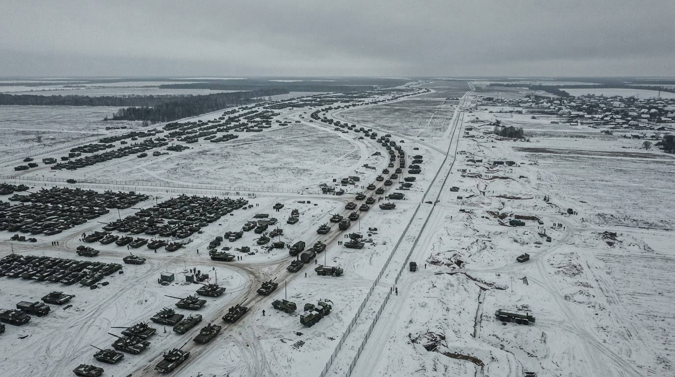 A long line of Russian military vehicles and tanks amassed on a snowy border between Russia and Ukraine, winter 2021-2022.
