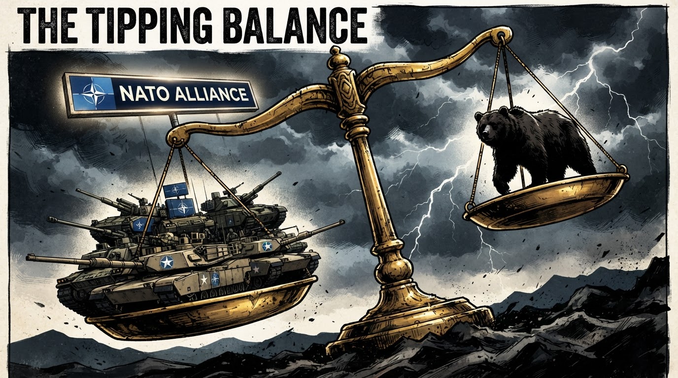 A giant golden scale tipping, with NATO military insignia on one side and a lone Russian bear silhouette on the other, under a stormy sky.