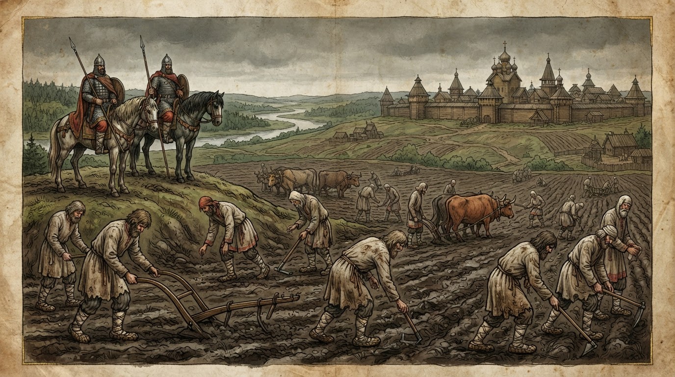 Medieval Russian serfdom: peasants toiling in muddy fields under the watch of armored lords on horseback.