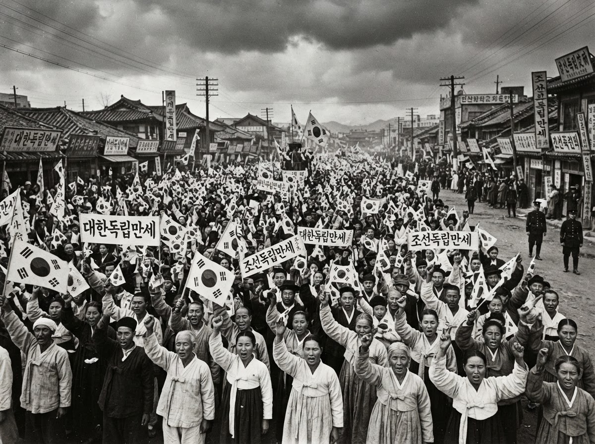 The March First Independence Movement of 1919 in Seoul, a vast crowd of Korean civilians peacefully demanding independence in the streets, raised hands.