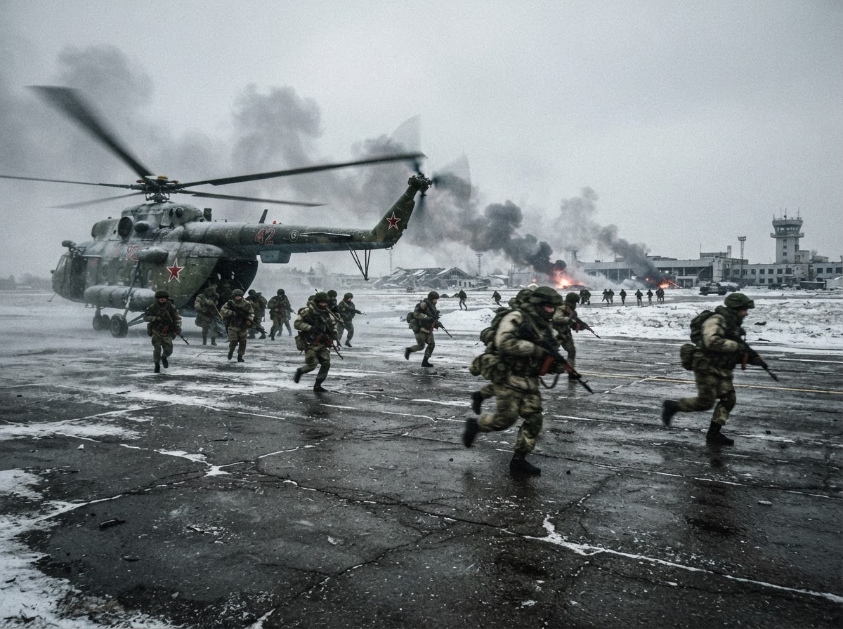 Russian paratroopers deploying onto an airport runway from transport helicopters in early winter morning light, smoke on the horizon.