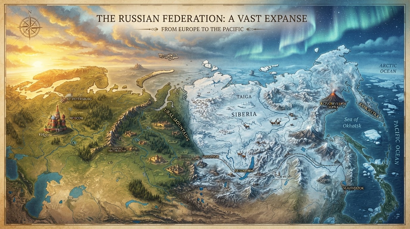 A sweeping landscape from European forests to frozen Siberian tundra and the Pacific coast, with the Ural mountains in the middle.