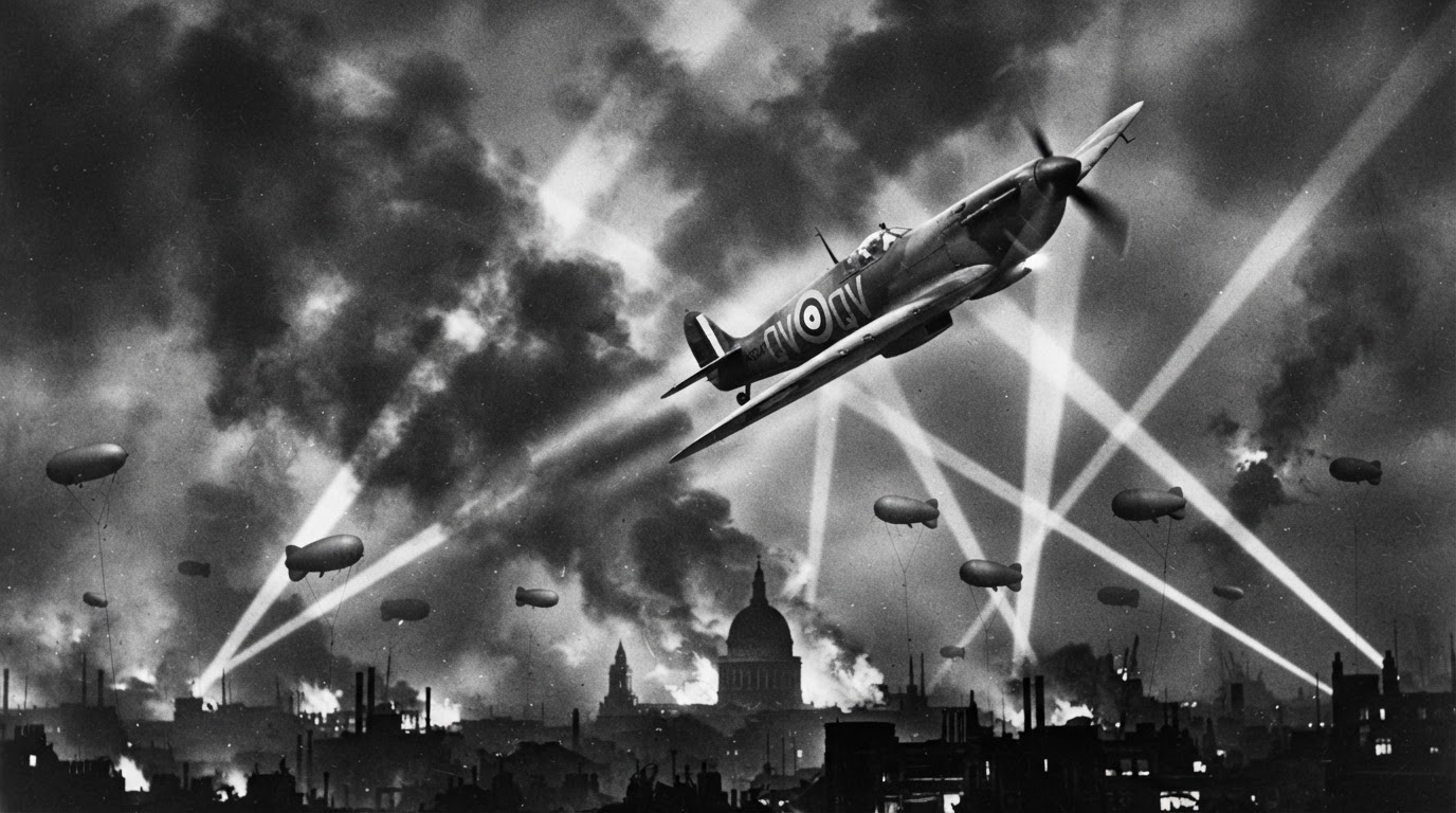 A Spitfire climbs into a smoke-crossed sky over London during the Battle of Britain.