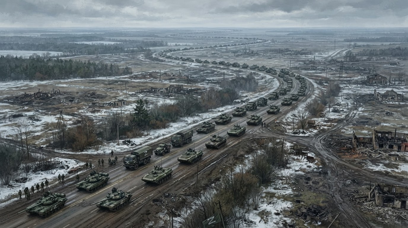 A Russian military convoy of tanks and trucks stretched along a road, seen from above, spread thin.