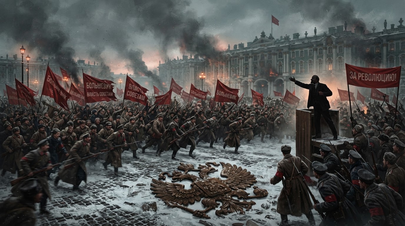 The Russian Revolution of 1917: Bolshevik crowds with red flags surging across a snow-covered Petrograd square, a toppled imperial eagle.