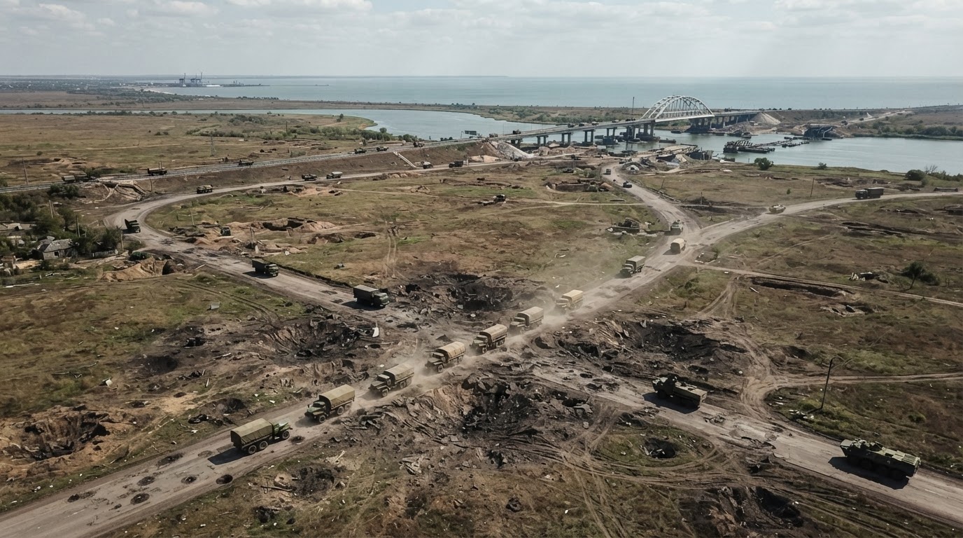 Aerial view of bombed and cratered roads along the southern land bridge near the Sea of Azov.