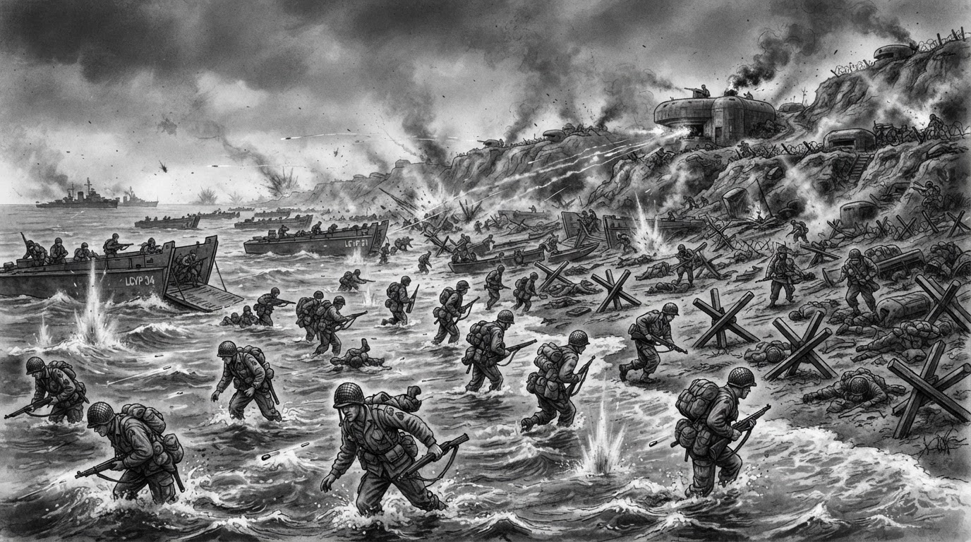 Allied soldiers storming a Normandy beach on D-Day, June 6 1944, under fire from concrete bunkers.