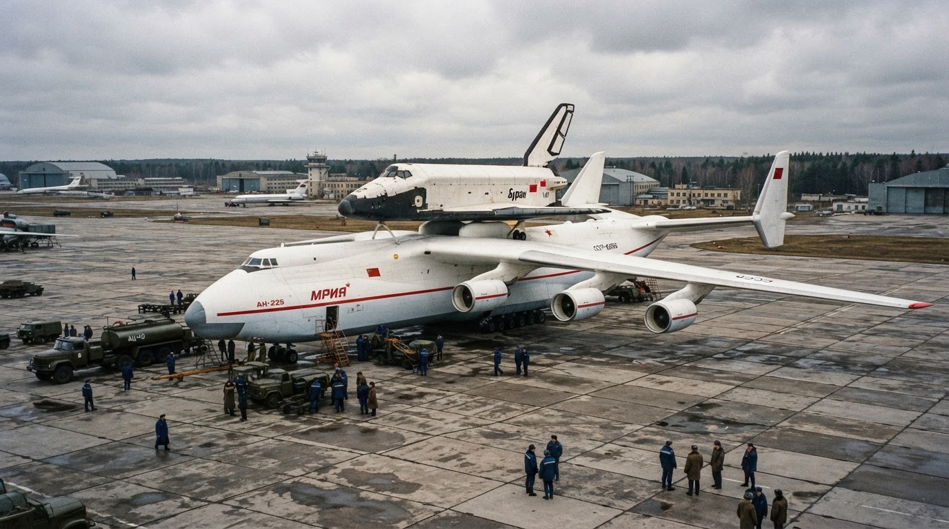 The Soviet Buran space plane mounted atop its An-225 transport aircraft, a late-1980s Soviet space program scene.