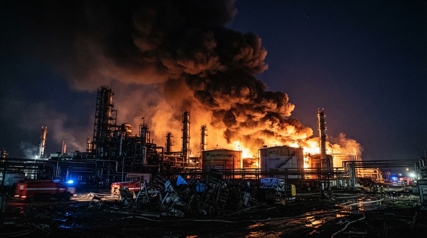 A Russian oil refinery engulfed in flames at night after a Ukrainian drone strike.