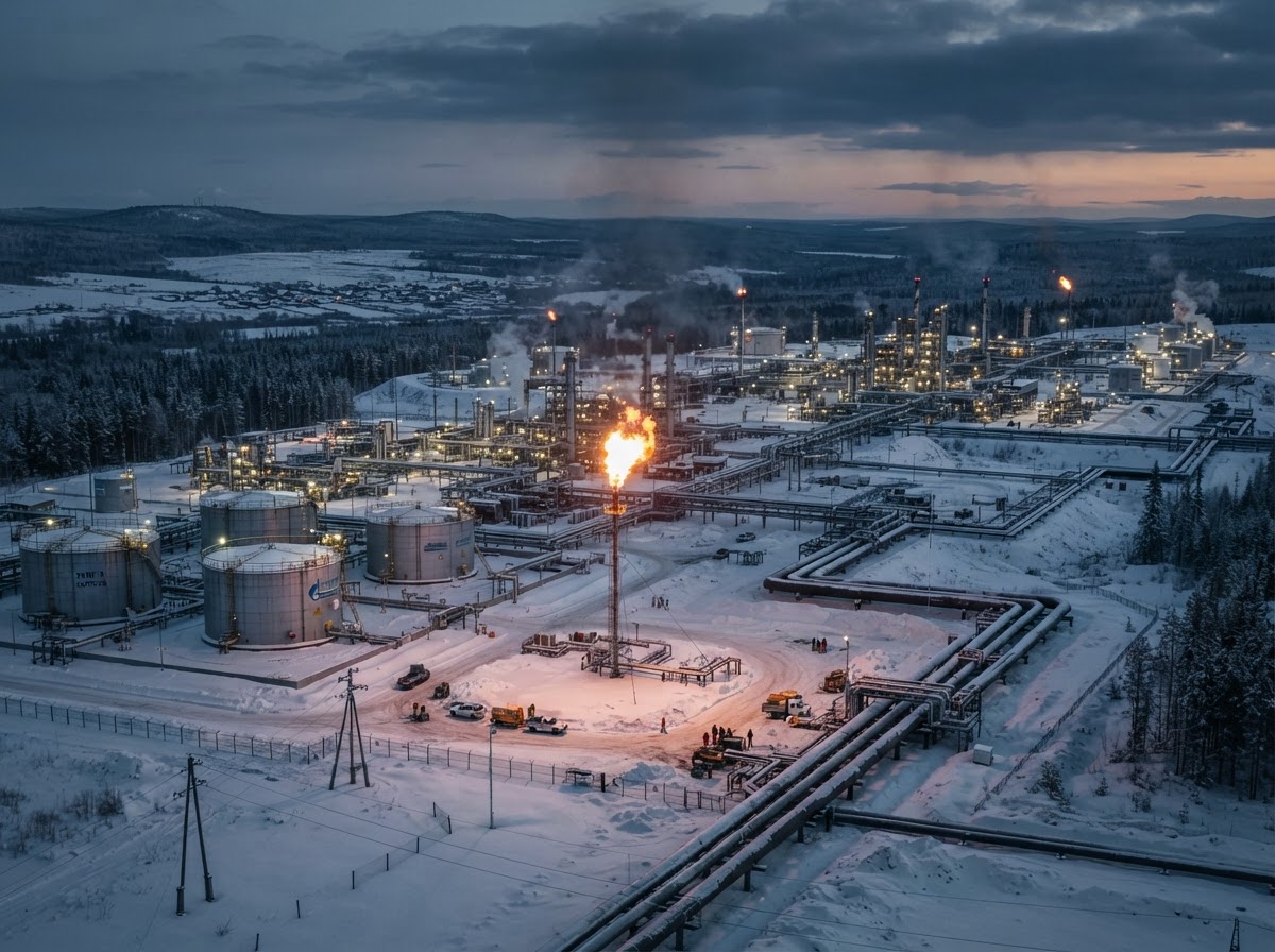 An industrial natural gas facility and pipeline network across a snowy Eastern European landscape at dusk.
