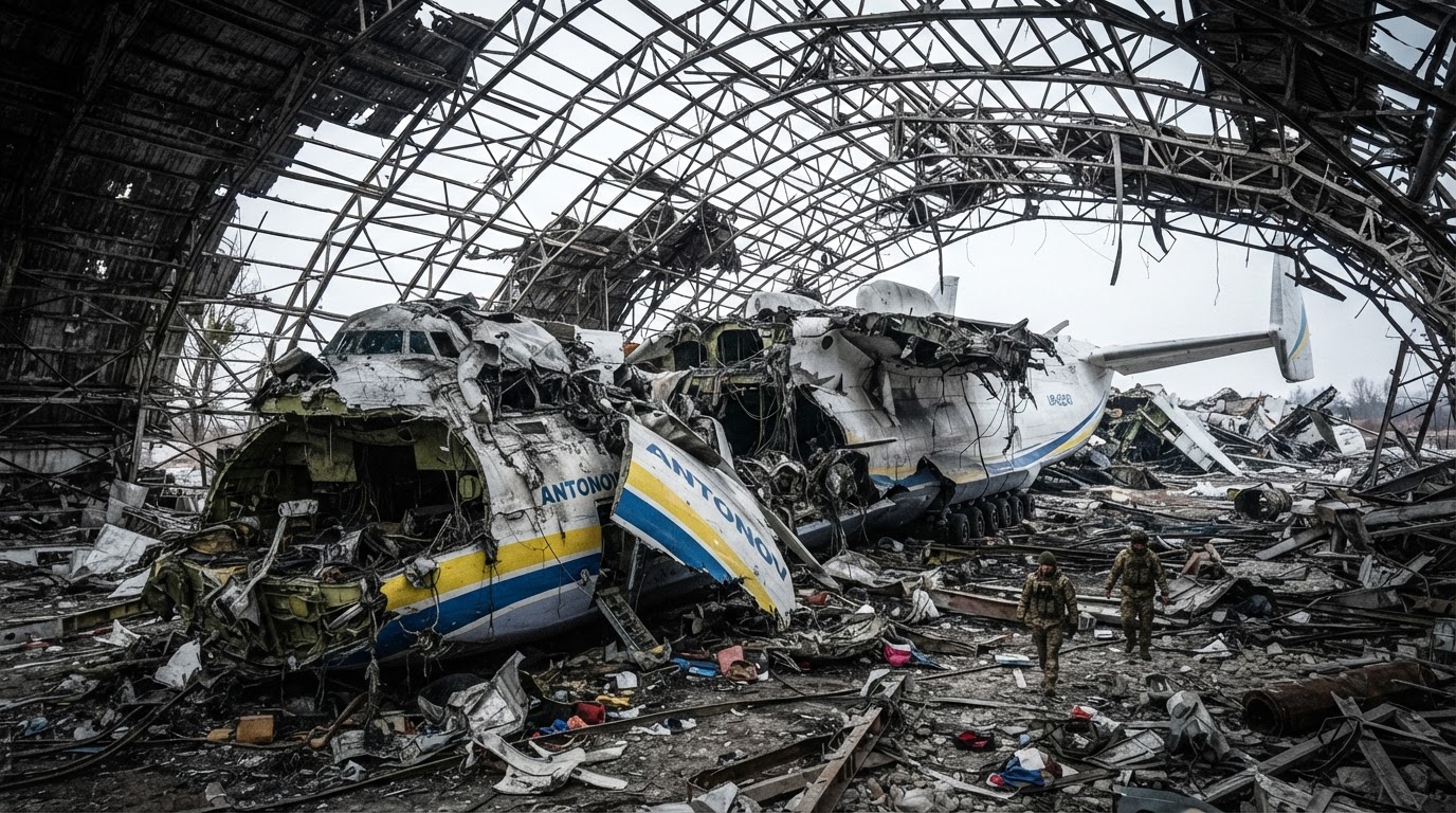 The wreckage of the Antonov An-225 Mriya destroyed inside a bombed hangar, twisted metal and shattered nose section with yellow and blue livery amid collapsed structure.