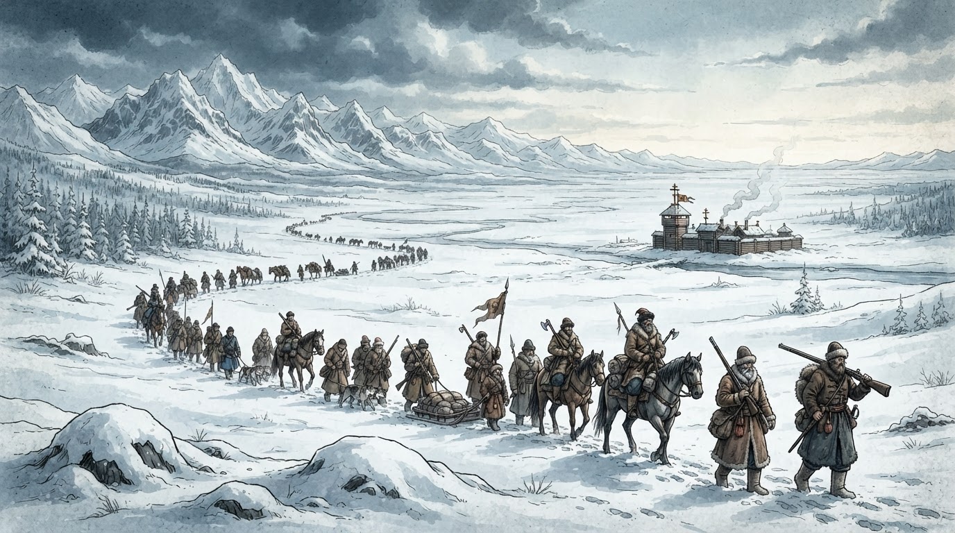Russian Cossack explorers and fur trappers pushing eastward across frozen Siberian wilderness toward the Pacific.