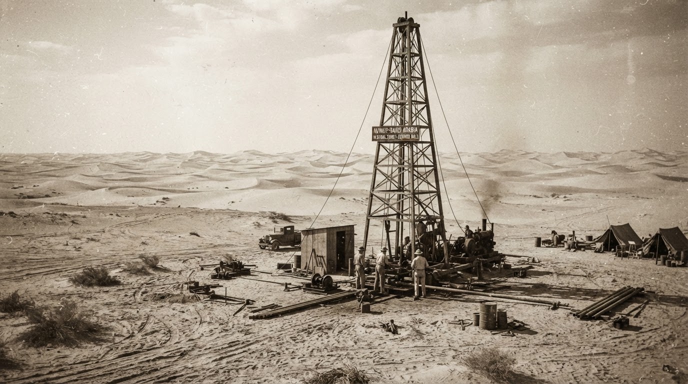 A vintage 1930s oil derrick in a desert neutral zone between Kuwait and Saudi Arabia, sepia-toned.