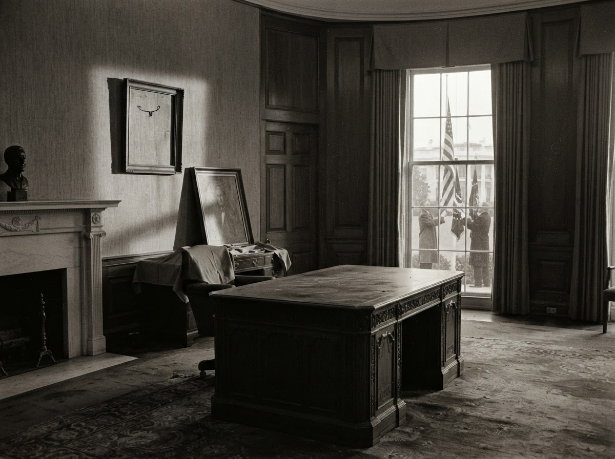 An empty presidential desk with a flag being lowered and a portrait removed from the wall, shafts of light, somber muted tones.