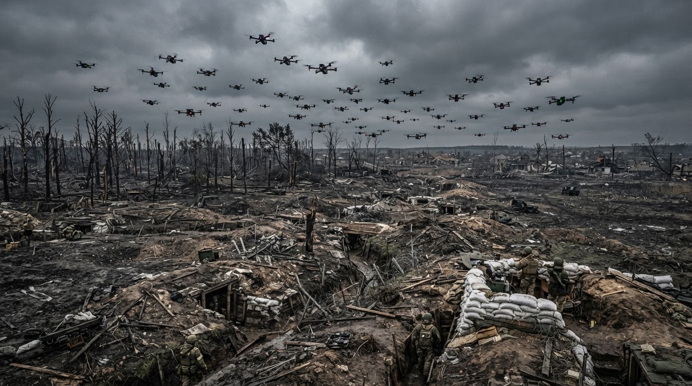 A swarm of small quadcopter drones flying over a war-torn gray-zone battlefield with tree lines and trenches.