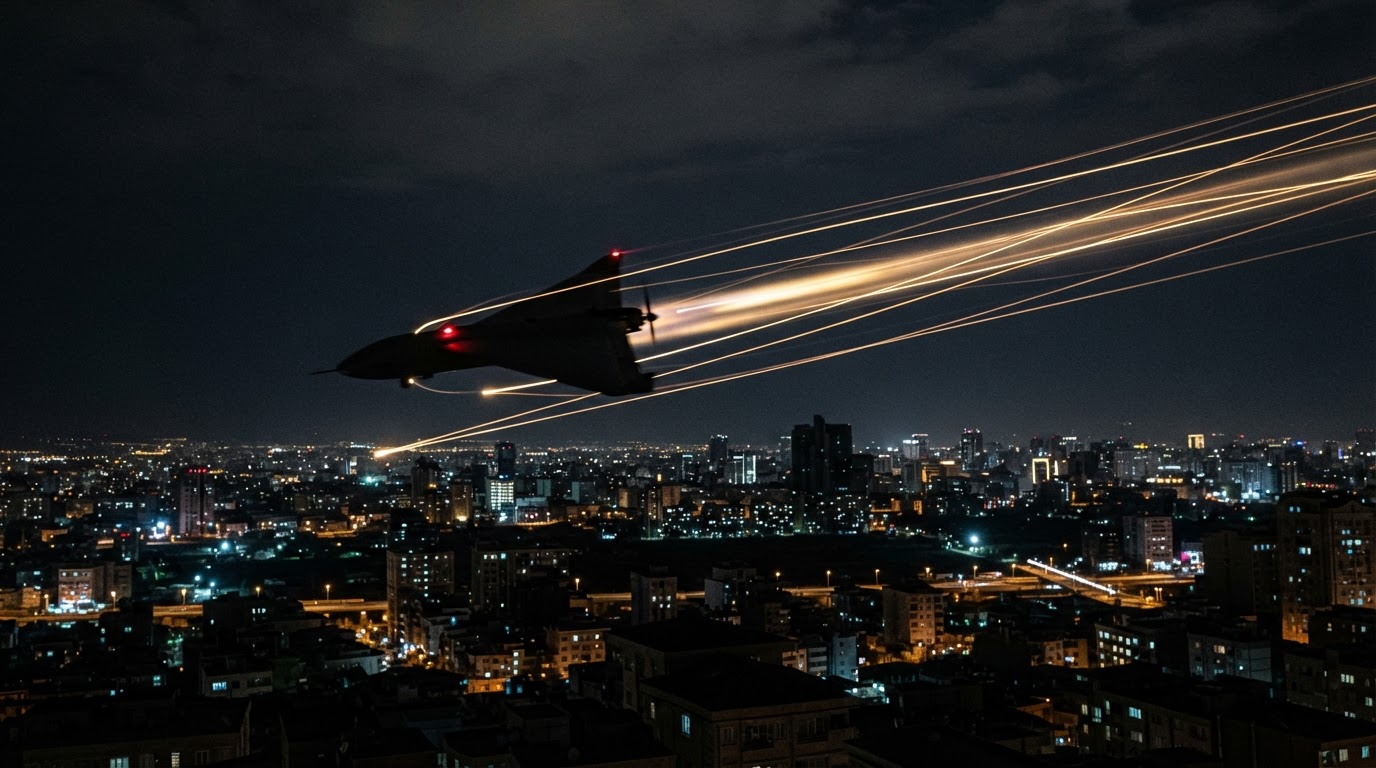 An Iranian-designed Shahed kamikaze drone in the night sky over a dark city, triangular delta-wing shape.