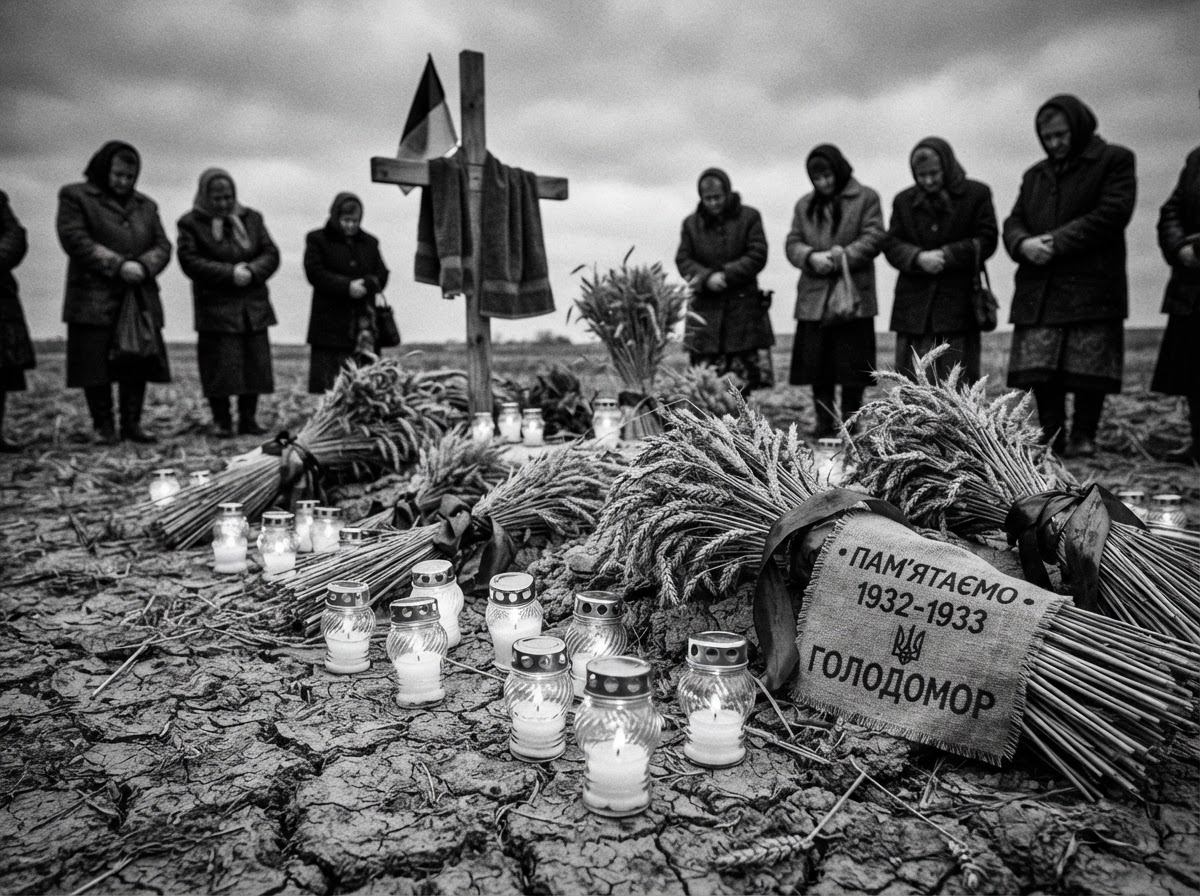 A somber Holodomor memorial of wheat sheaves and lit candles on cracked earth.