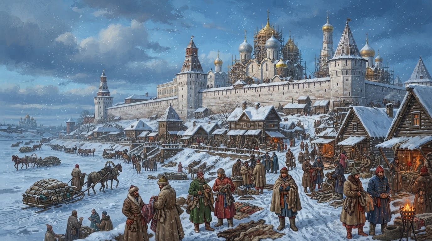 Medieval Moscow rising above a frozen river, fur traders and merchants in the foreground, onion domes under construction.