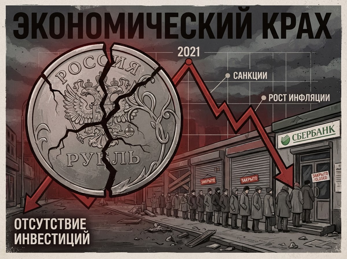 An editorial illustration of economic sanctions: a falling line chart over a cracking ruble coin, closed shop fronts, and a queue outside a bank.