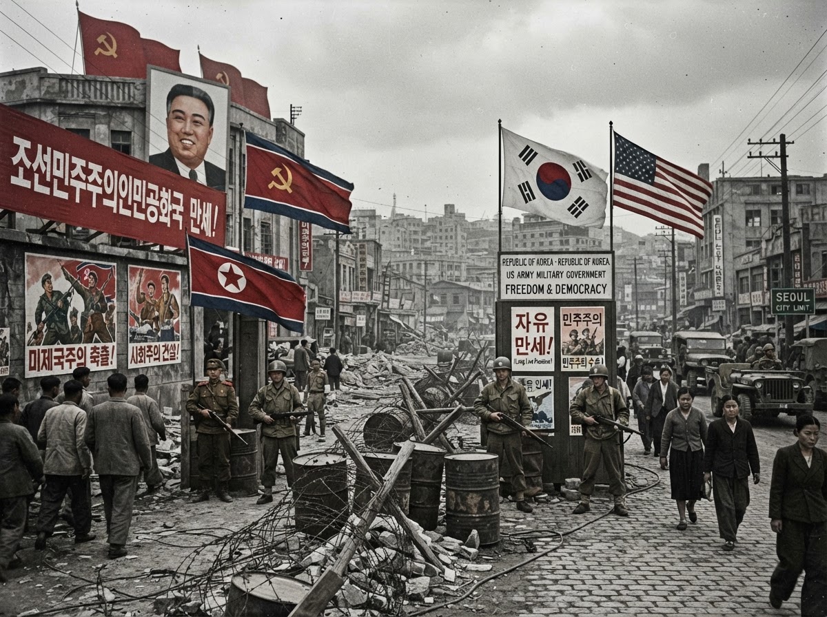 A divided Korean city in 1948, one side under Soviet communist influence with red banners, the other under American democratic influence, contrasting flags and political imagery.