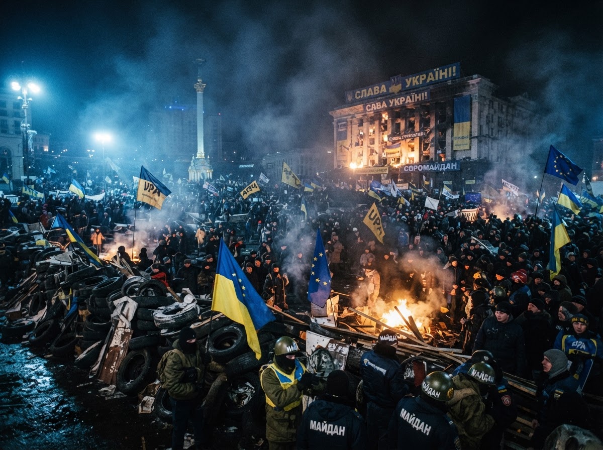 Kyiv's Maidan Square during the 2013 Euromaidan protests at night, crowds and flags under floodlights and smoke.