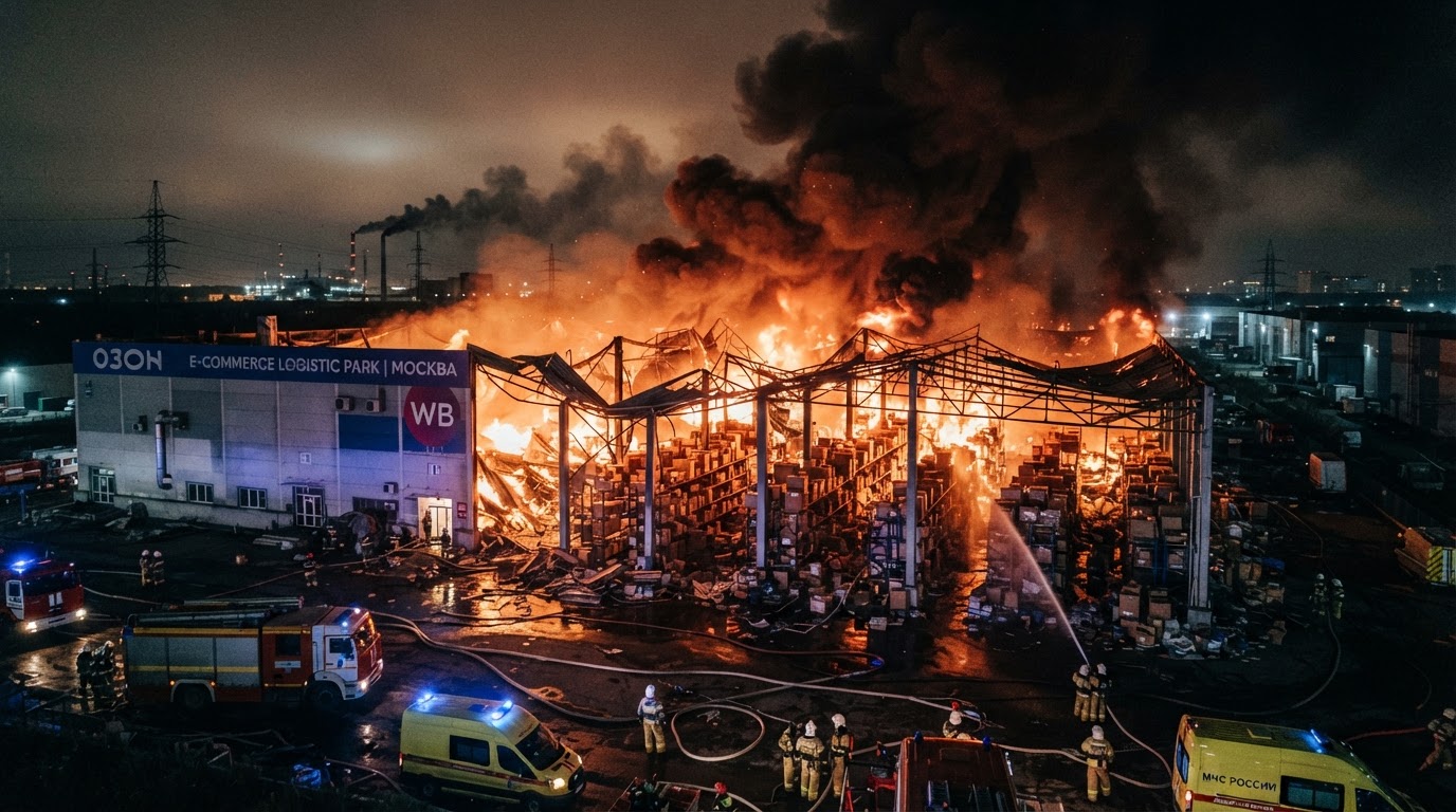 A massive e-commerce fulfillment warehouse burning at night, flames consuming boxes and shelving.