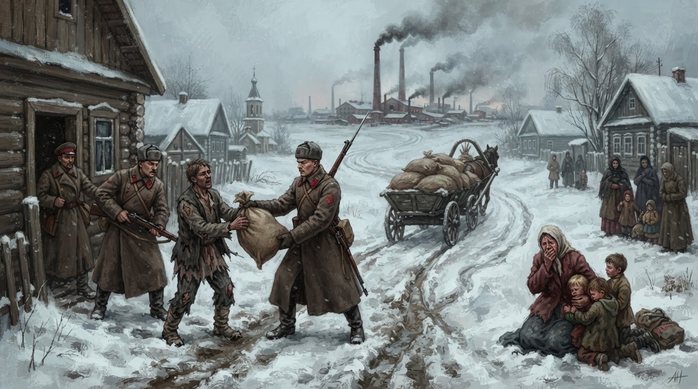 War Communism era: Red Army soldiers seizing grain sacks from desperate peasants in a snow-covered village.