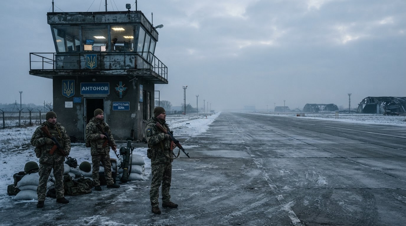 A small National Guard contingent at an unassuming cargo airport control tower at dawn, a long empty runway stretching into the distance.