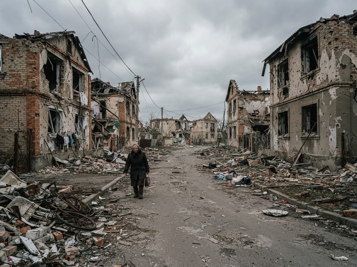 A war-damaged small town street, shattered residential buildings with blown-out windows, debris on the road, a lone civilian walking past ruined homes under a grey sky.