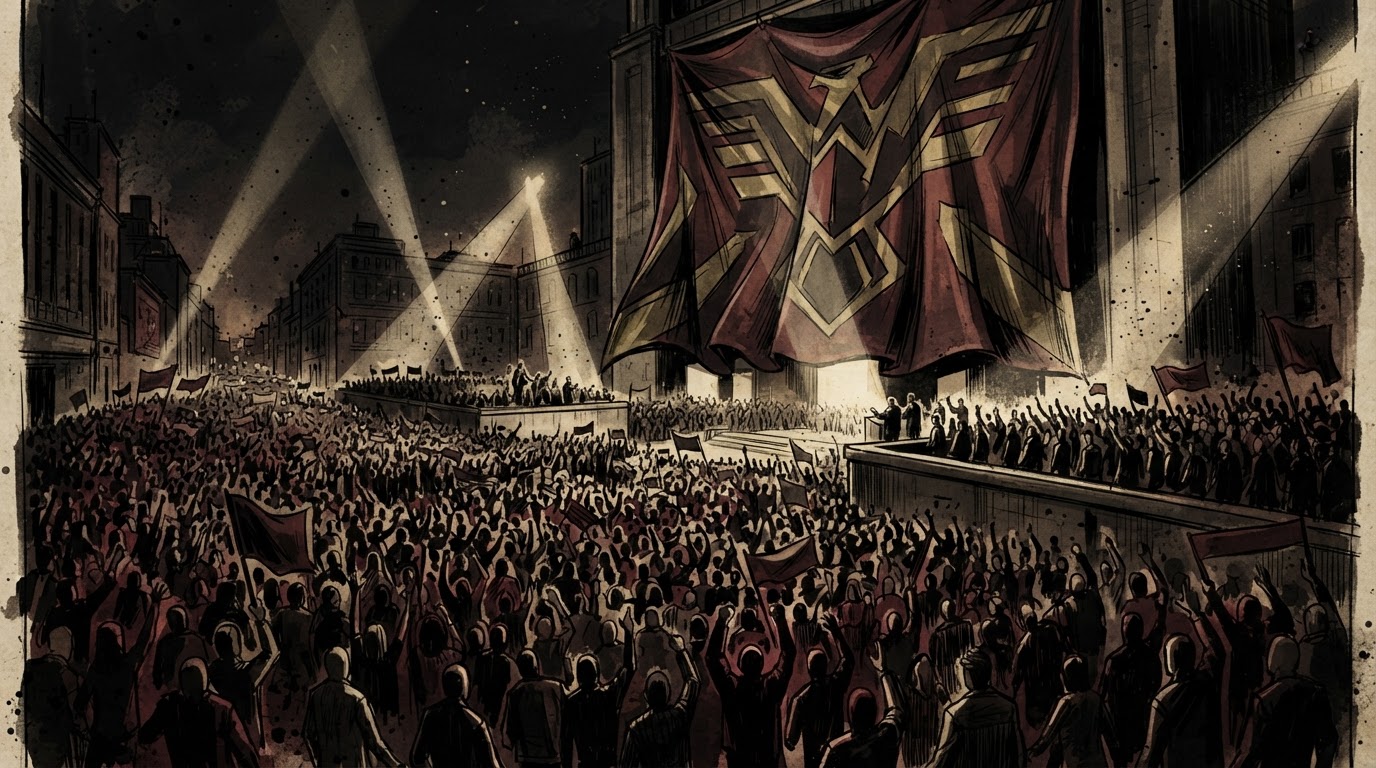 A massive crowd under a giant flag with spotlights, a propaganda rally atmosphere in dark red and gold tones.